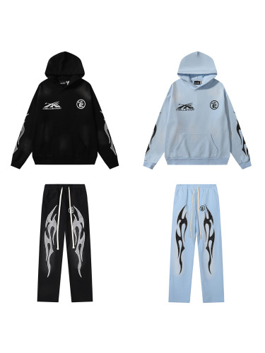 Double Logo Flame Print Washed Aged  hoodie & pants set 2 colors