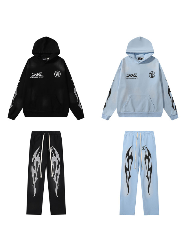 Double Logo Flame Print Washed Aged  hoodie & pants set 2 colors