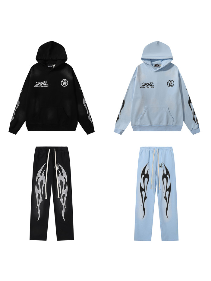 Double Logo Flame Print Washed Aged  hoodie & pants set 2 colors
