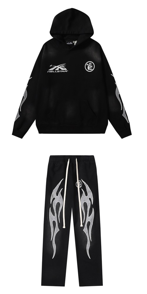 Double Logo Flame Print Washed Aged  hoodie & pants set 2 colors