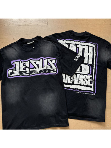 Purple Border Letter Print Washed Version Tee