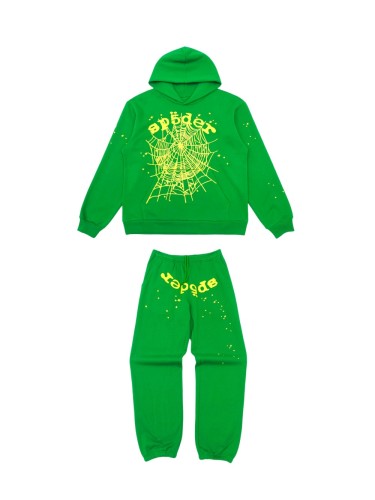 1:1 quality version Grass Green Yellow Printed Spider Web Hoodie & Pants Set