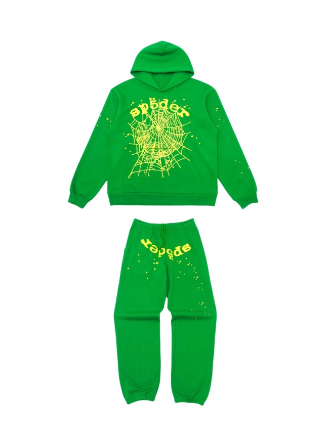 [Buy One Get One Free] 1:1 quality version Grass Green Yellow Printed Spider Web Hoodie & Pants Set