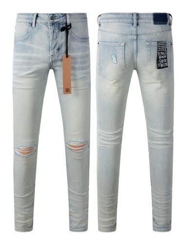 1:1 quality version Double knee frayed small ripped and worn denim jeans