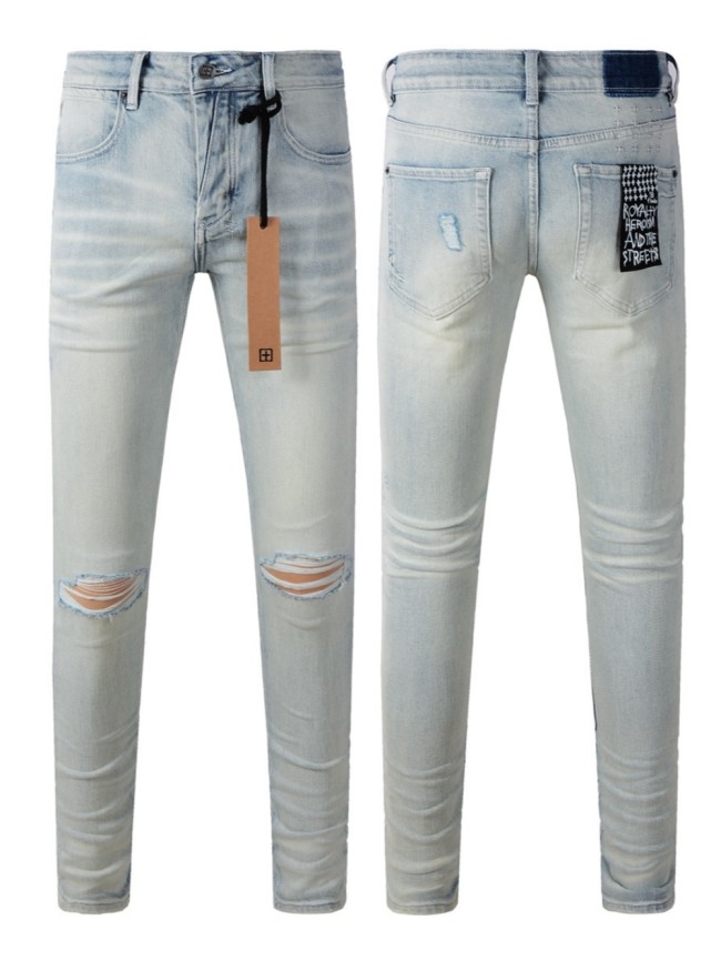 1:1 quality version Double knee frayed small ripped and worn denim jeans