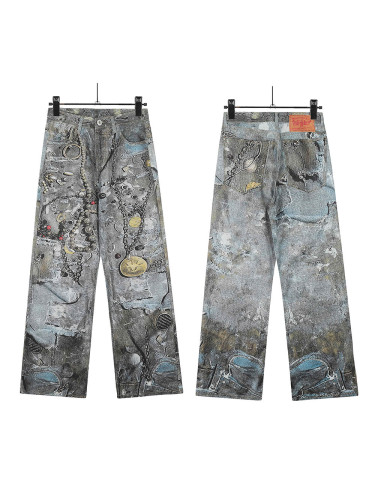 Full Printed Destroyed Jewelry Chain 3D Digital Direct Injection Low Rise Wide Leg Jeans