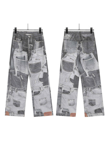 Mismatch Effect Dyed Print Low Rise Wide Leg Jeans