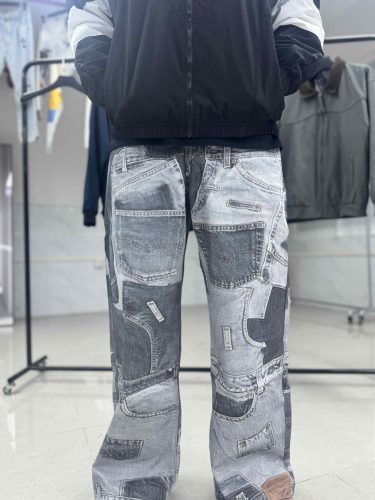 Mismatch Effect Dyed Print Low Rise Wide Leg Jeans