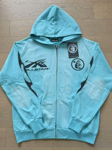 Washed Blue Chest Double Logo Zipper hoodie