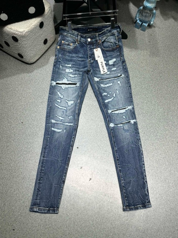 1:1 quality version Distressed pinstripe ripped and patched jeans