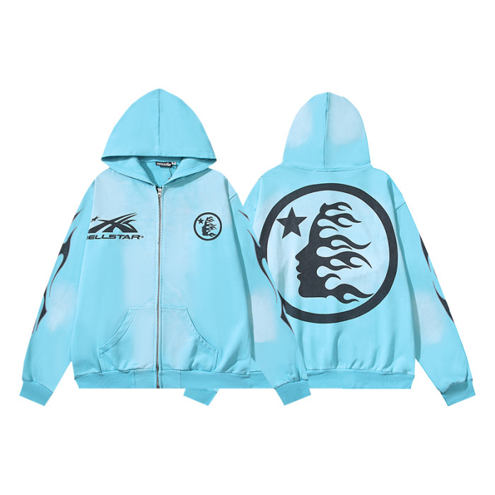 [50% Off]Hellstar Studio Washed Blue Chest Double Logo Zipper hoodie 27475544