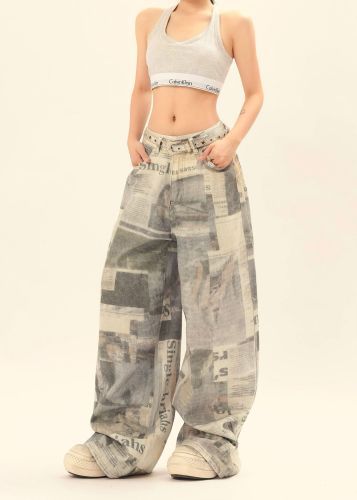 Newspaper Full Print Wide Leg Straight Jeans
