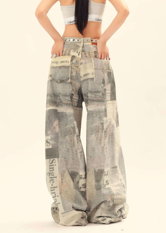 Newspaper Full Print Wide Leg Straight Jeans