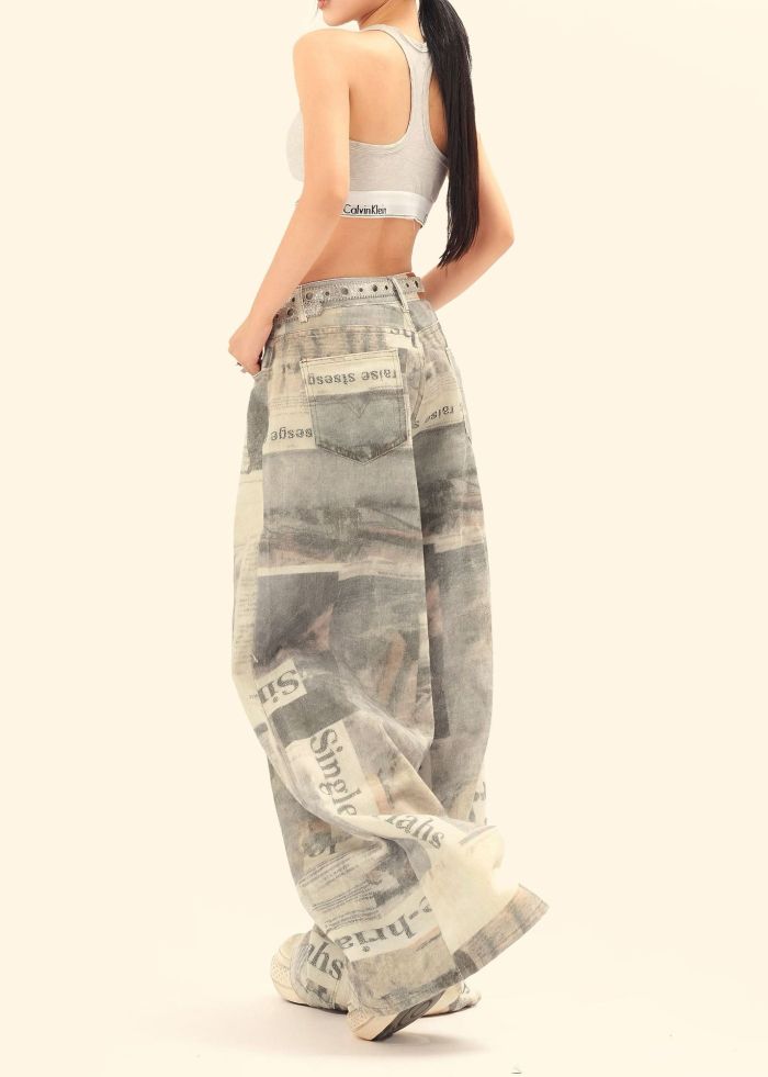 Newspaper Full Print Wide Leg Straight Jeans