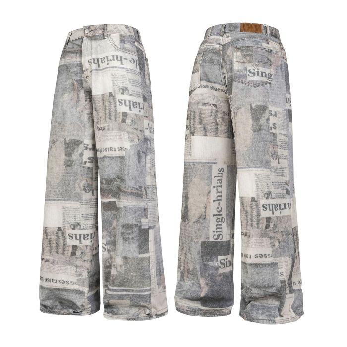Newspaper Full Print Wide Leg Straight Jeans