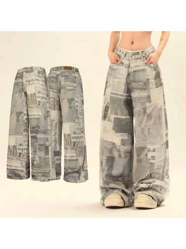 Newspaper Full Print Wide Leg Straight Jeans