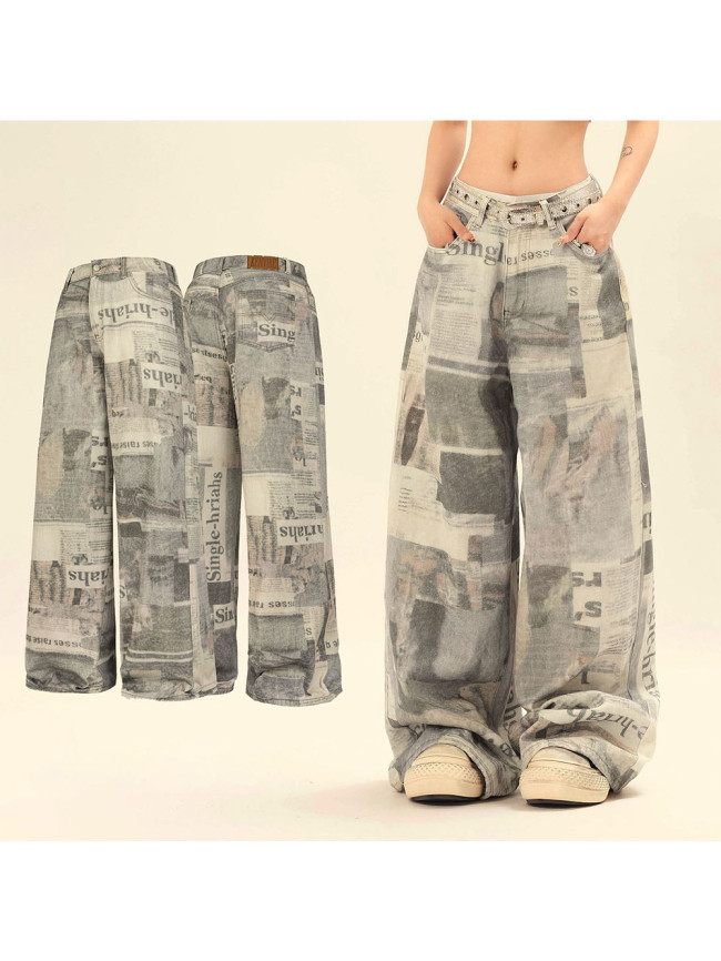 Newspaper Full Print Wide Leg Straight Jeans