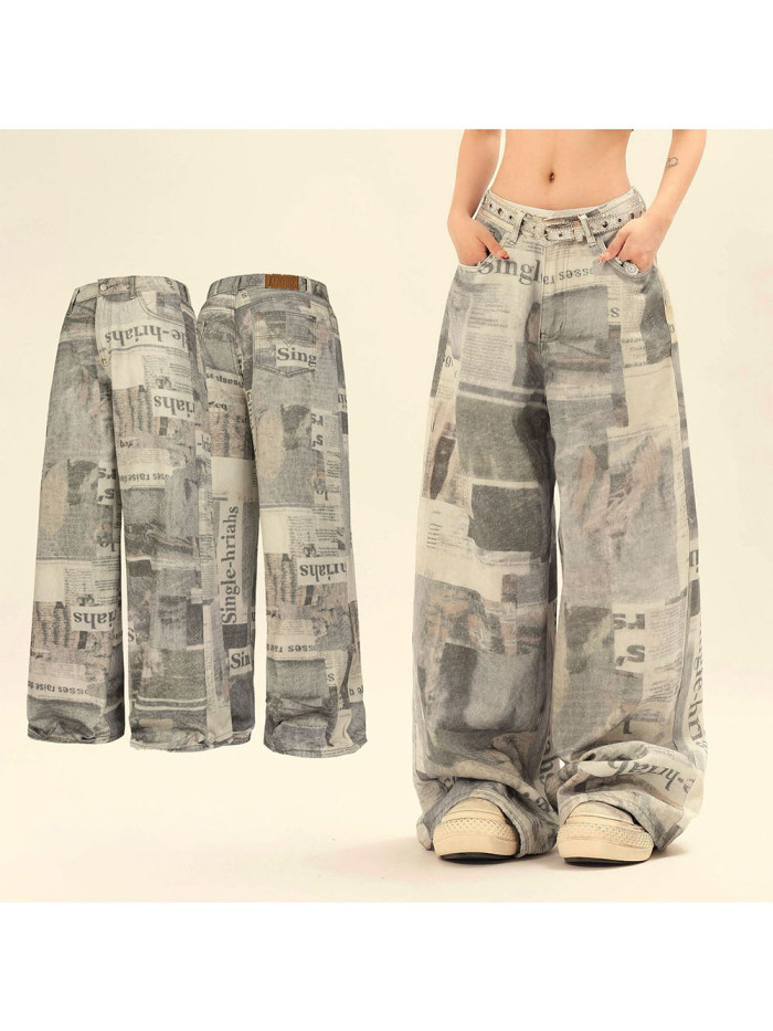 Newspaper Full Print Wide Leg Straight Jeans