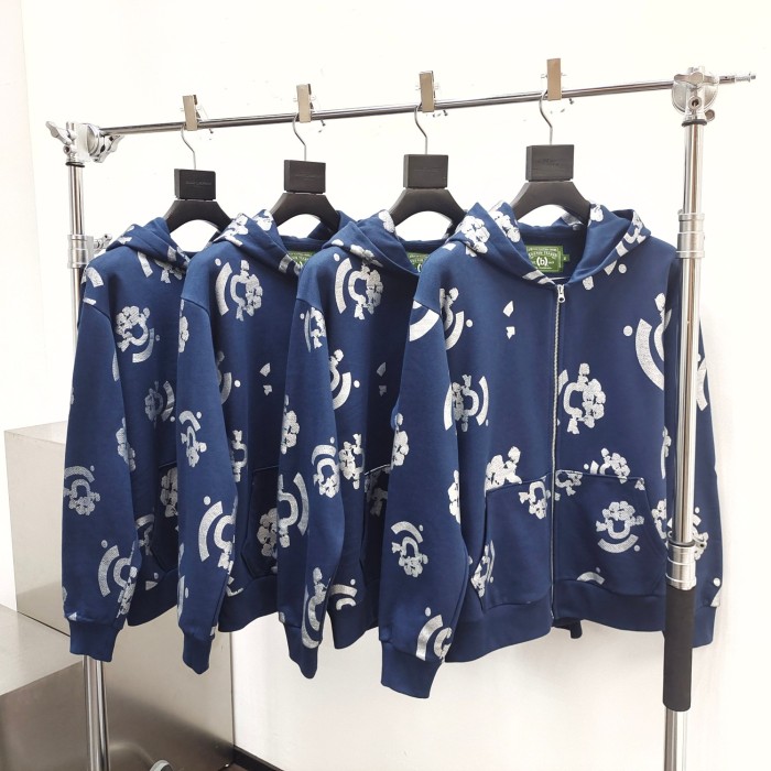 1:1 quality version Hot Silver Flower Navy Blue Hoodie & Sweatpants Set