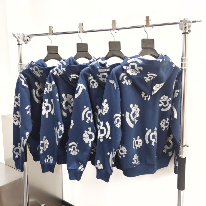 1:1 quality version Hot Silver Flower Navy Blue Hoodie & Sweatpants Set