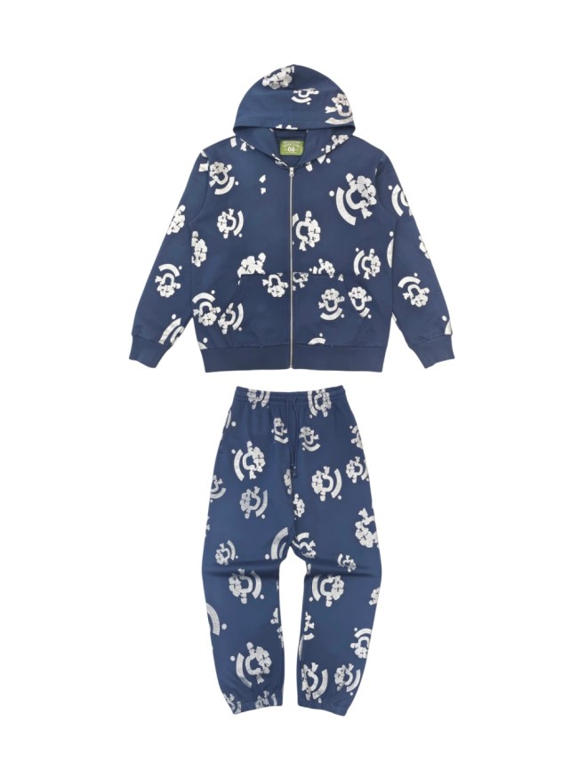 1:1 quality version Hot Silver Flower Navy Blue Hoodie & Sweatpants Set