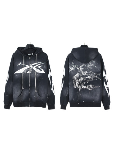 Logo Printed Washed and Inked Zipper Hoodie