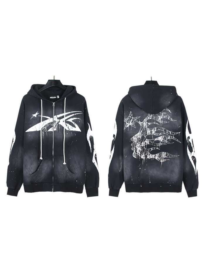 Logo Printed Washed and Inked Zipper Hoodie