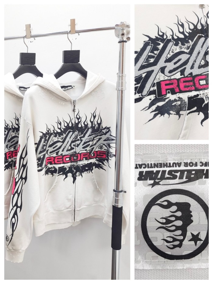 [Big & Tall for weights up to 260 lbs]1:1 quality version Glitter Alphabet Abraded Distressed White Zip Hoodie with NFC tag