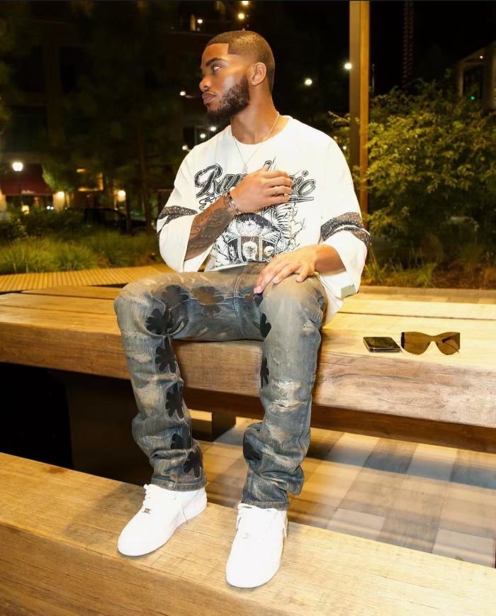 1:1 quality version Black Embroidered Vestigial Waxed Distressed Jeans