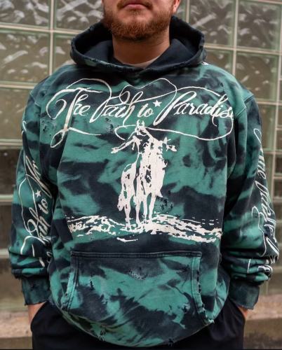 1:1 quality version Green and black tie-dye patterned monogrammed ripped Hoodie with NFC tag