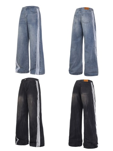 Vintage side three-bar washed and distressed straight-leg jeans 2 colors