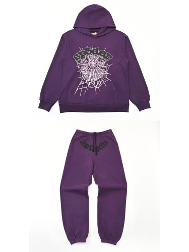 1:1 quality version Deep Purple Rhinestone Spider Web Hoodie & Pants Set