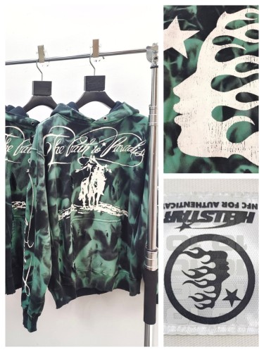 1:1 quality version Green and black tie-dye patterned monogrammed ripped Hoodie with NFC tag