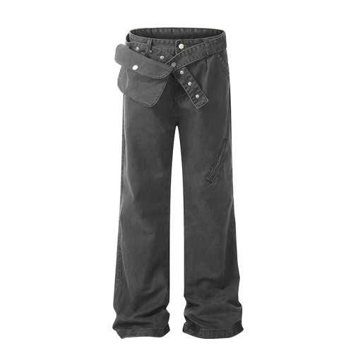 Aged and Washed Adjustable Waist Pack Straight Leg Workwear Micro Flare Pants