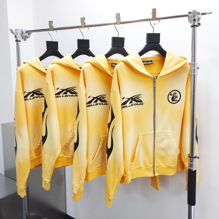 [Big & Tall for weights up to 260 lbs]1:1 quality version Washed Yellow Chest Double Logo Print Zipper  Hoodie with NFC tag
