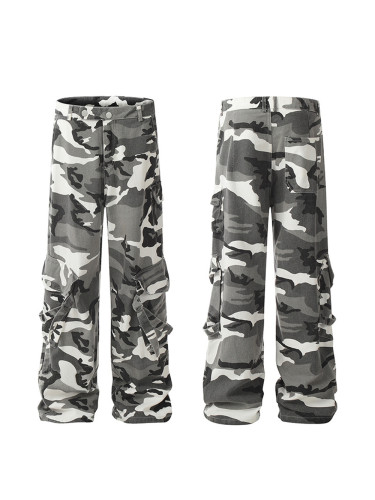 High Street Multi-Pocket Camouflage Workwear Straight Leg Wide Leg Pants