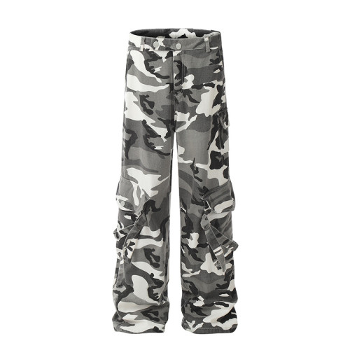 High Street Multi-Pocket Camouflage Workwear Straight Leg Wide Leg Pants