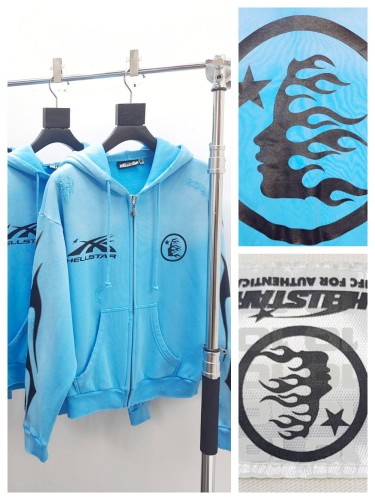 1:1 quality version Brilliant blue worn washed and distressed zipper  Hoodie with NFC tag