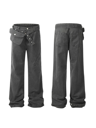 Aged and Washed Adjustable Waist Pack Straight Leg Workwear Micro Flare Pants