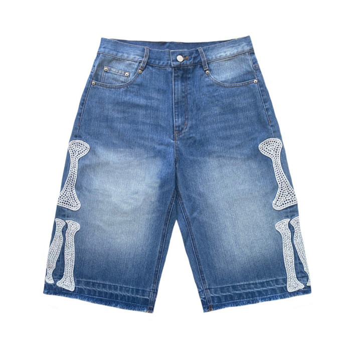 1:1 quality version Embroidered bone loose straight leg vintage denim shorts 2 colors 27619743