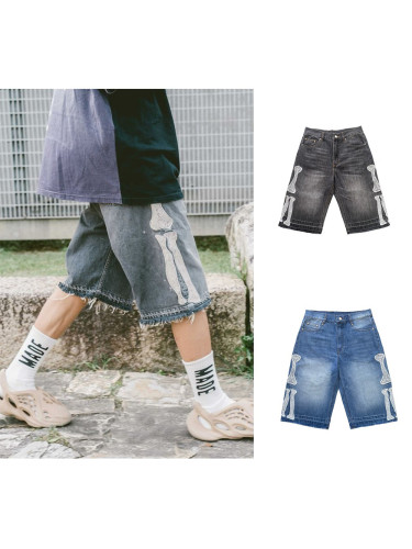 1:1 quality version Embroidered bone loose straight leg vintage denim shorts 2 colors