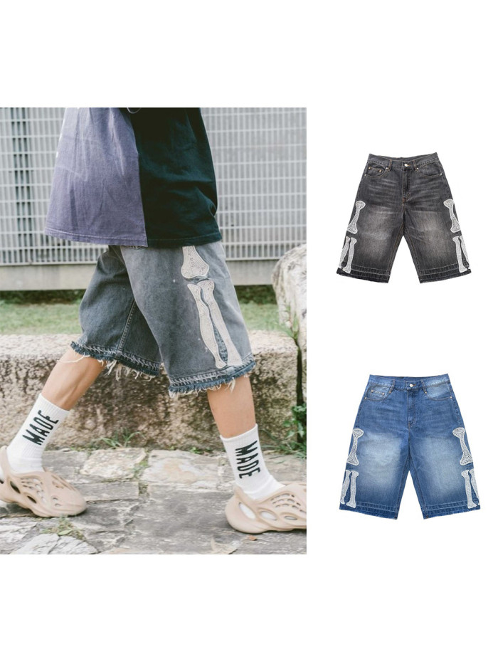 1:1 quality version Embroidered bone loose straight leg vintage denim shorts 2 colors 27619743