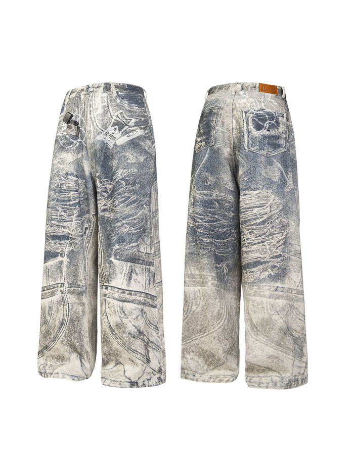 Digital stereoscopic inkjet print vintage straight leg wide-leg jeans
