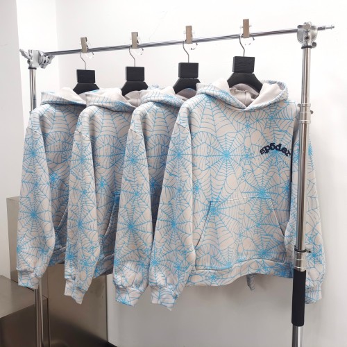 1:1 quality version All over print blue spiderweb small letters logo Hoodie & Pants Set