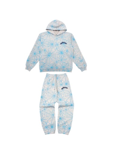 1:1 quality version All over print blue spiderweb small letters logo Hoodie & Pants Set