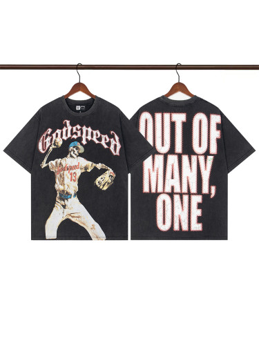1:1 quality version Skull Playing Baseball Printed Washed Version Tee