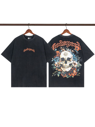 1:1 quality version Wreath Skull Print Washed Version Tee
