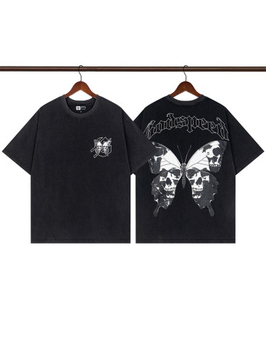 1:1 quality version Butterfly Skull Letter Print Torn Washed Version Tee