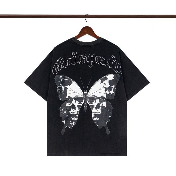 1:1 quality version Butterfly Skull Letter Print Torn Washed Version Tee