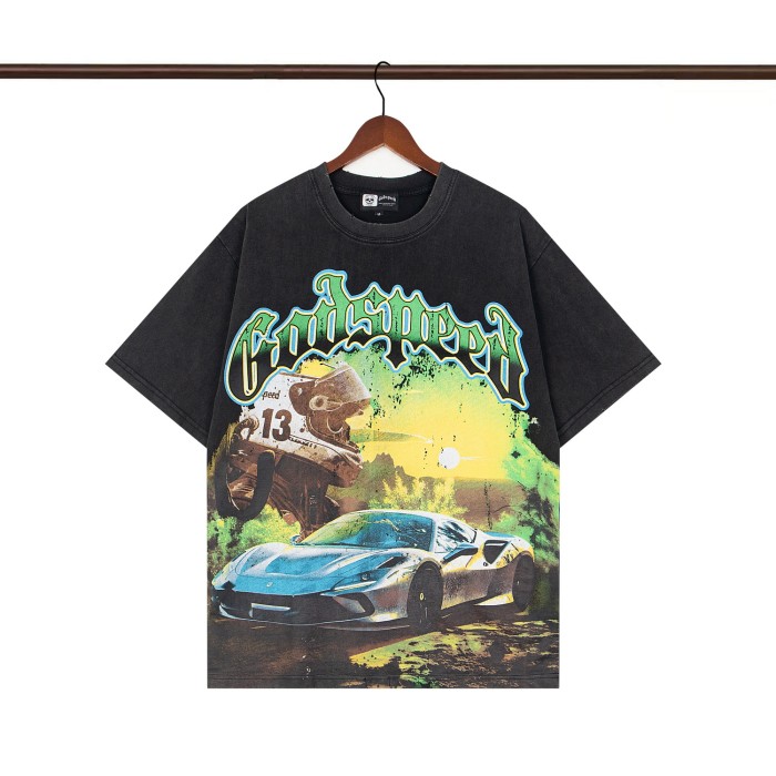 1:1 quality version Gradient letters Sports Car Printed Torn and Washed Tee